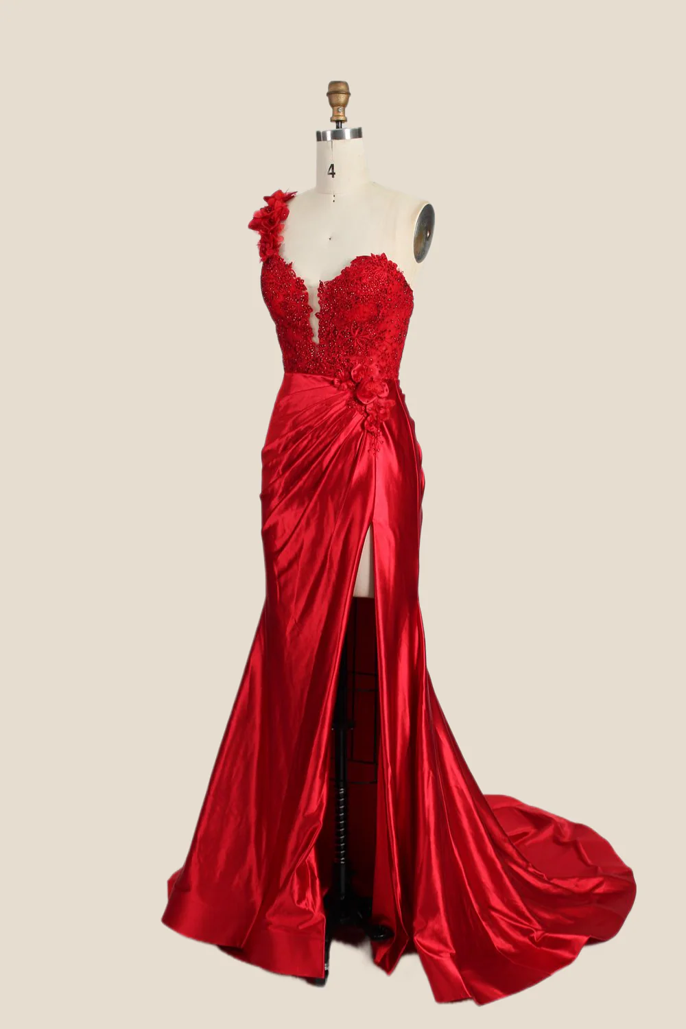 One Shoulder Red Appliques Ruched Mermaid Formal Dress