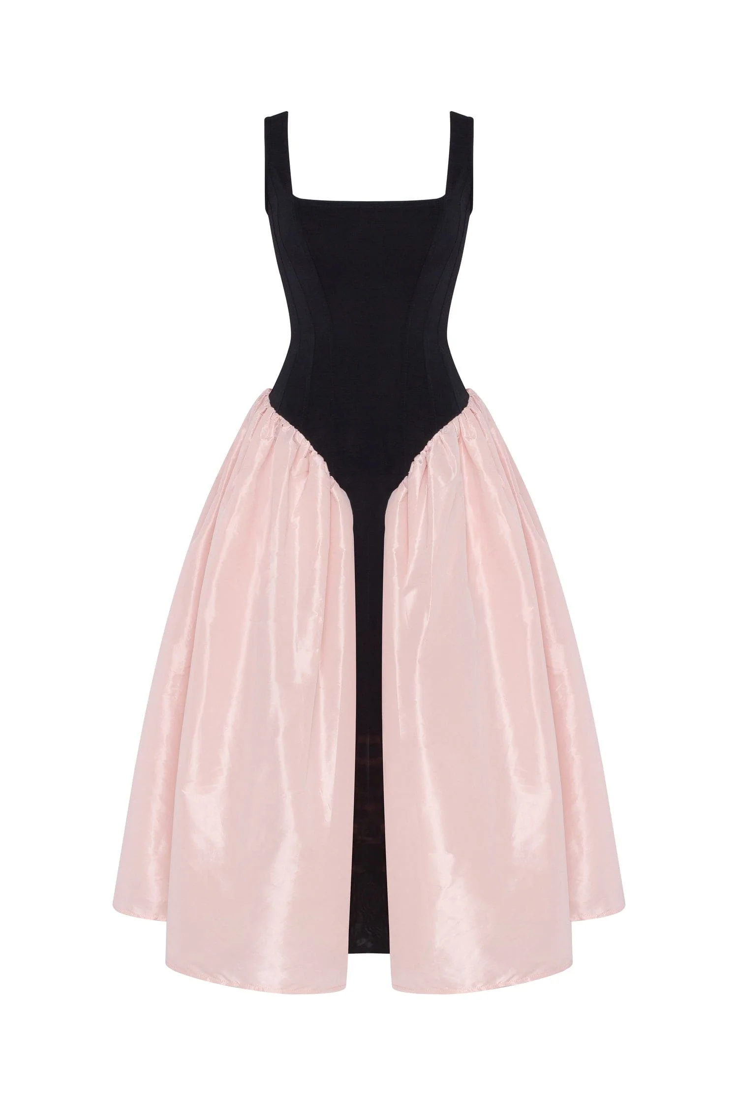 Black corset dress on straps with a glossy pink midi skirt