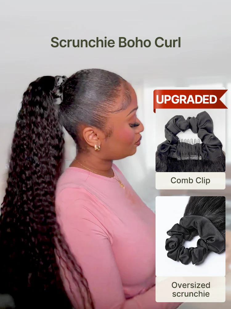 Frodio Ponypop Natural Black Boho Curl Scrunchie Ponytail Human Hair - Tiana