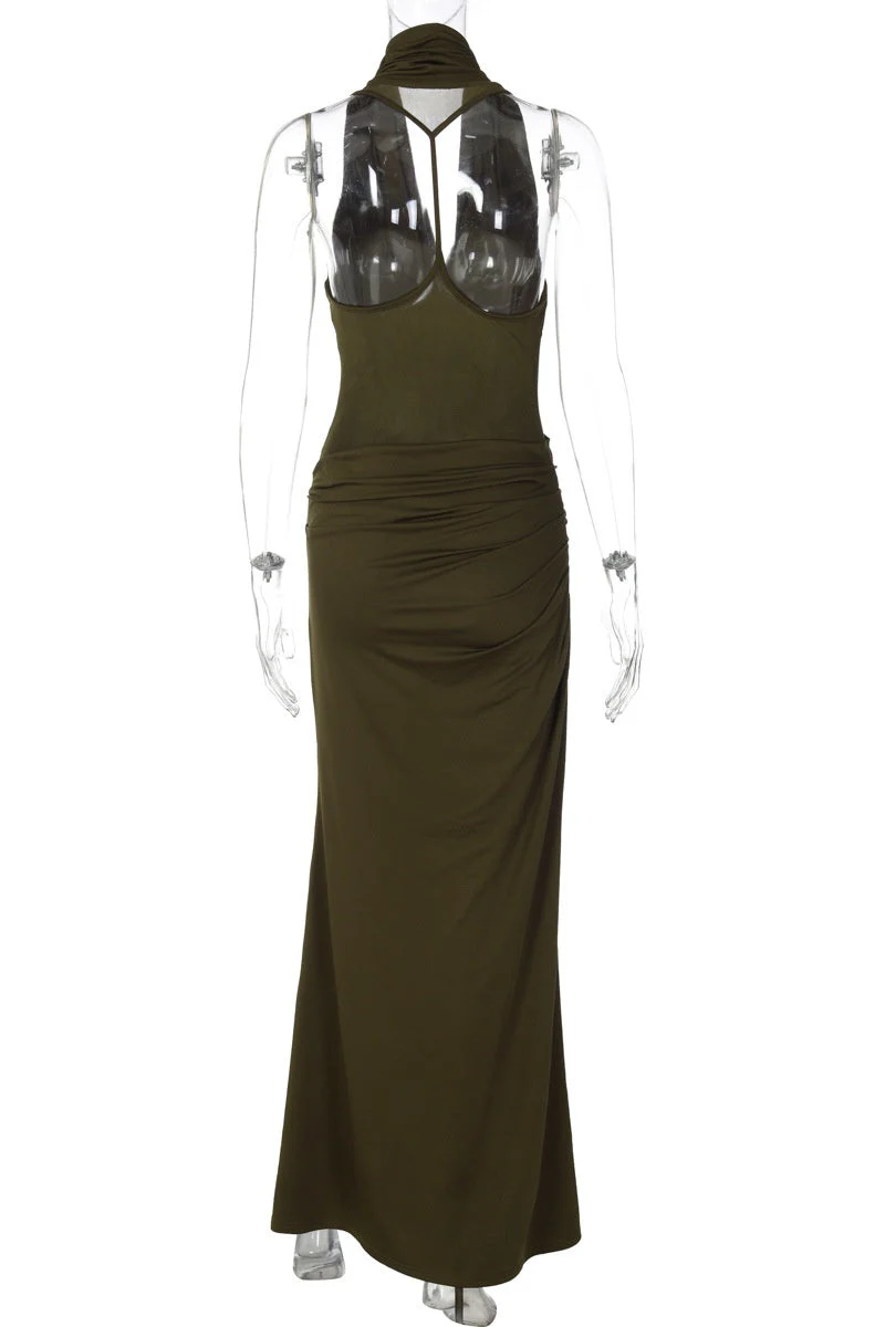 Olive Green Cowl Neck Fitted Long Dress