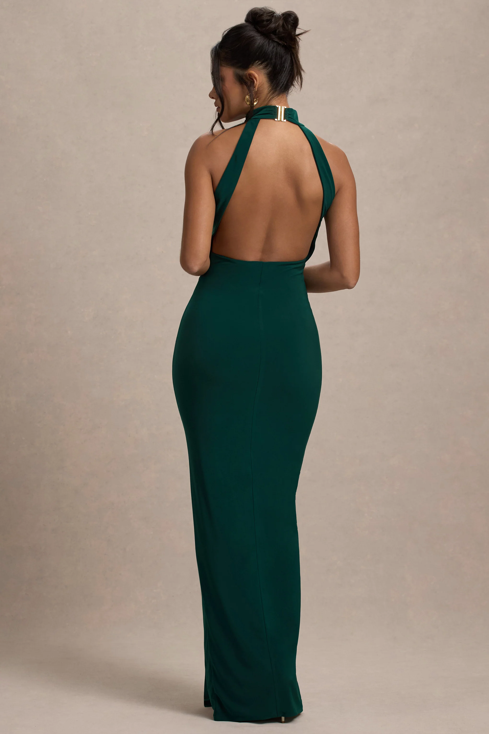 Khari | Bottle Green High-Neck Twisted Maxi Dress With Drape