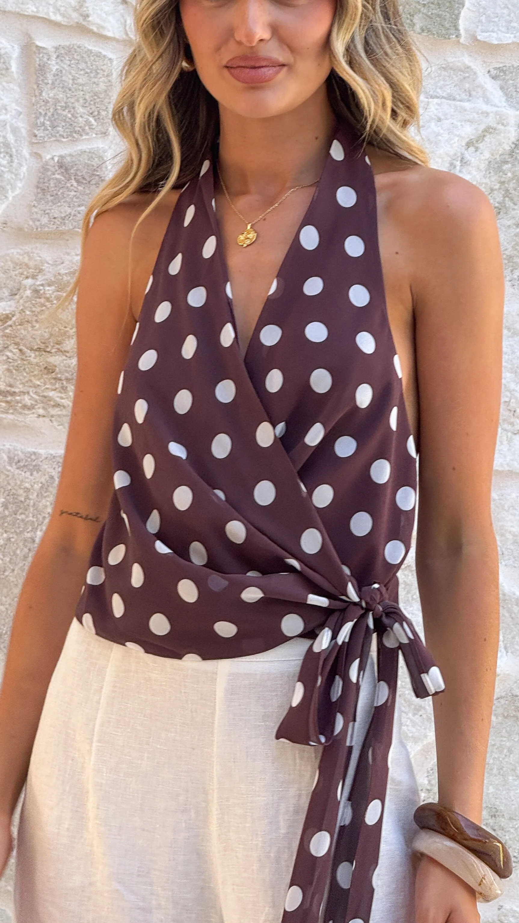 Belle Halter Neck Top - Choc/White Polka Dot