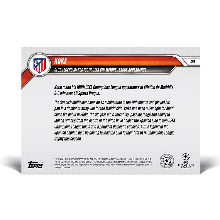Koke - Club legend makes 100th UEFA Champions League appearance- 24/25 UCC Topps NOW® Card 56