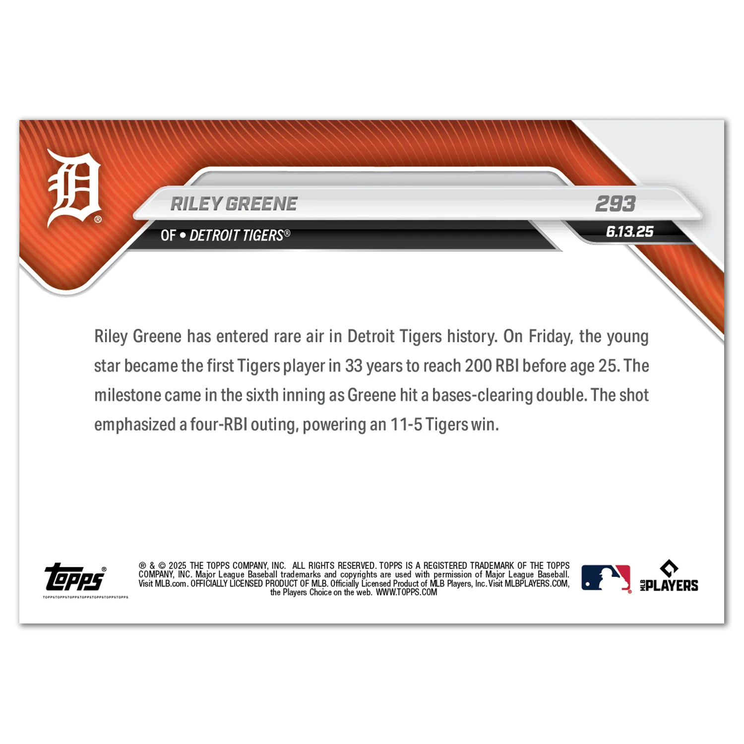 Riley Greene - 2025 MLB Topps NOW® - Card 293