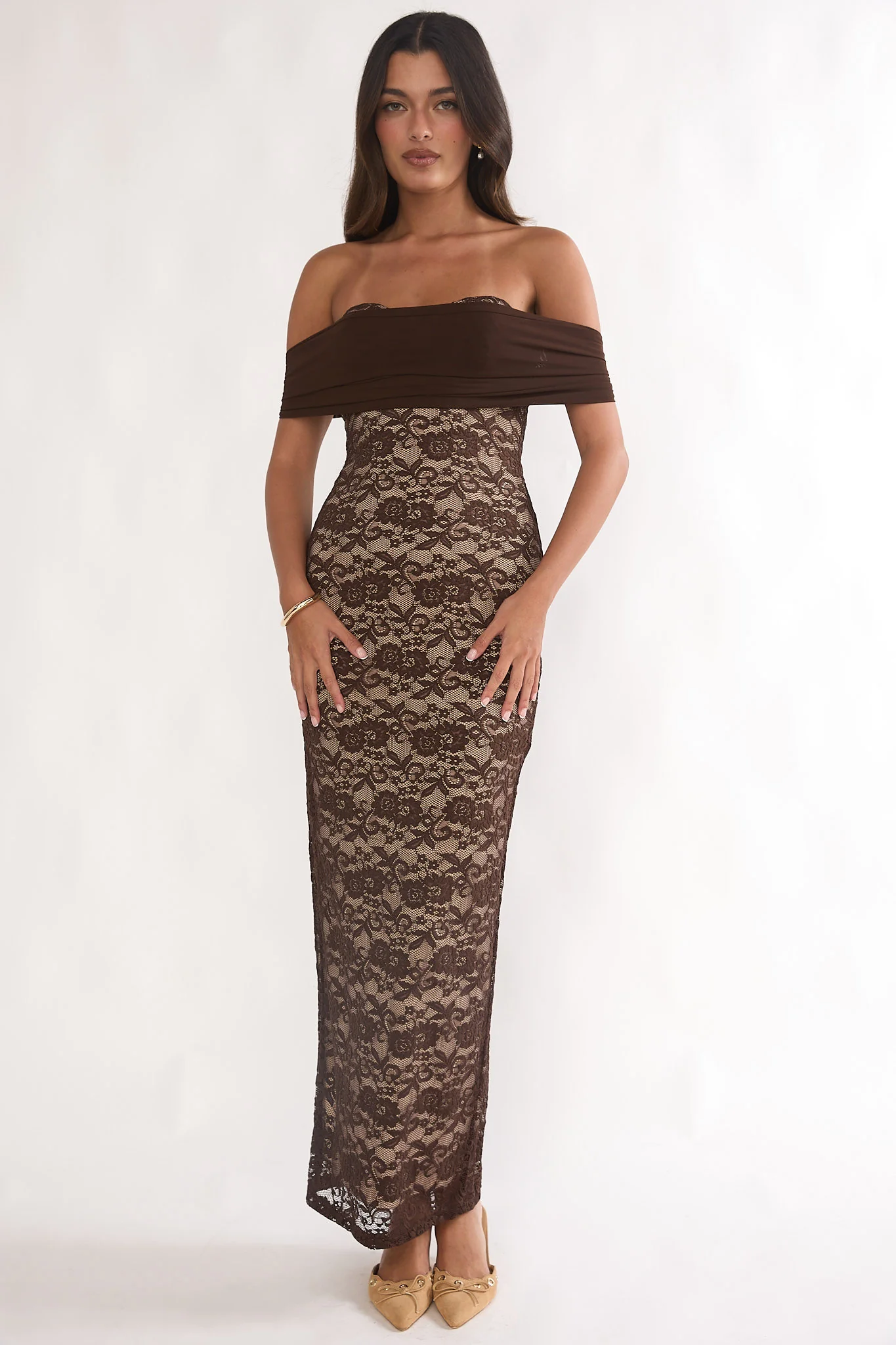 Jewelene Off-Shoulder Maxi Dress Lace Chocolate