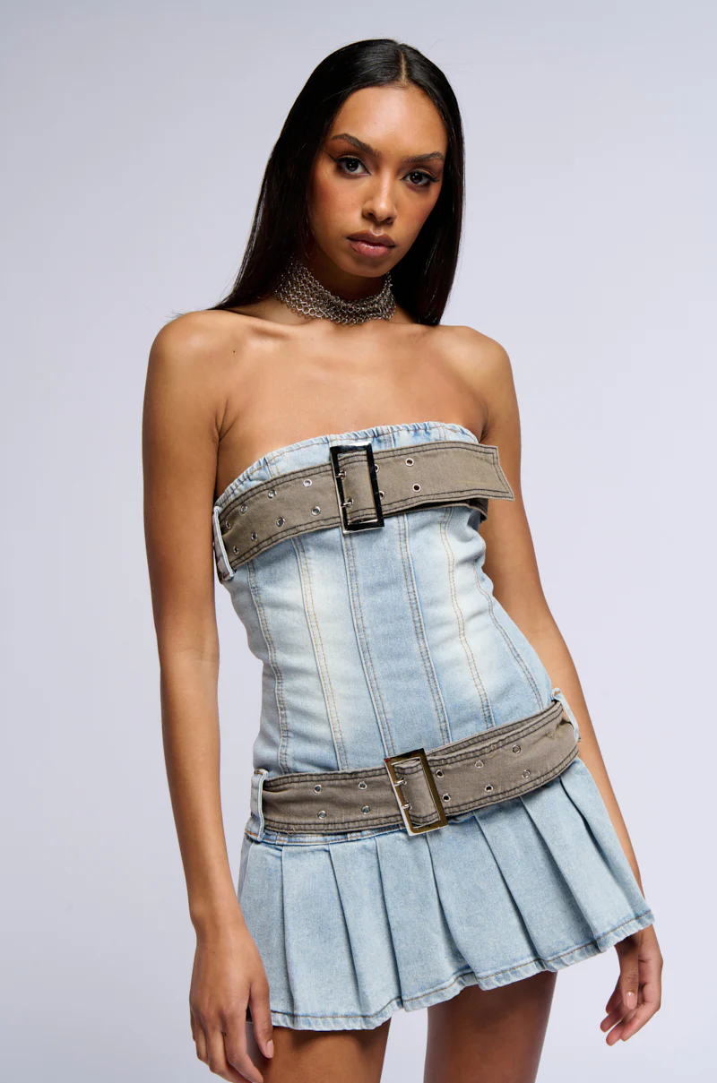 Cool Girl Club Belted Denim Mini Dress