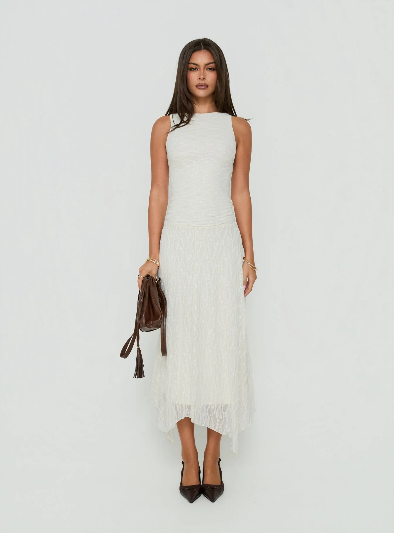 Enzina Lace Hanky Hem Maxi Dress Cream