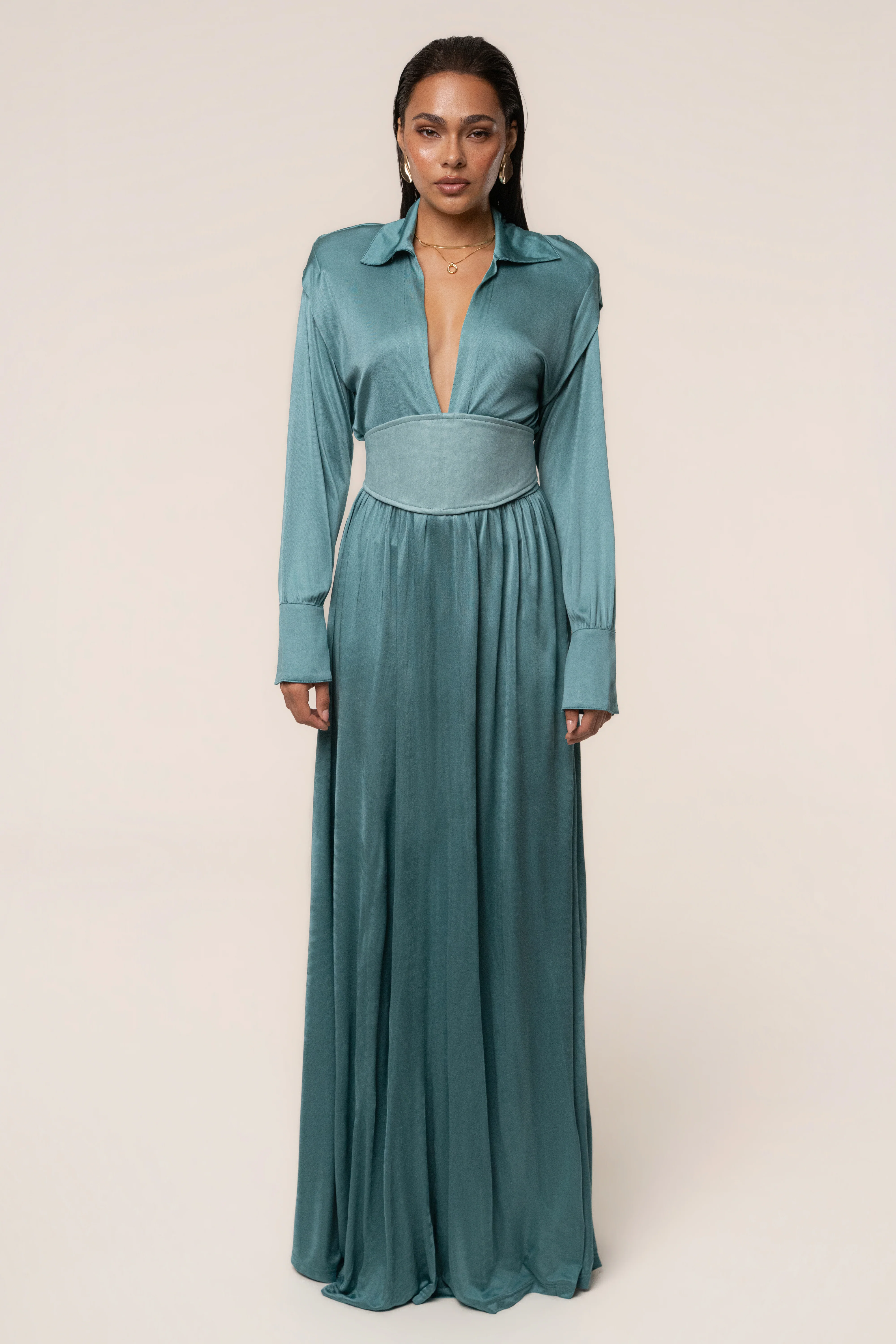 Teal High Line Collar Maxi Dress