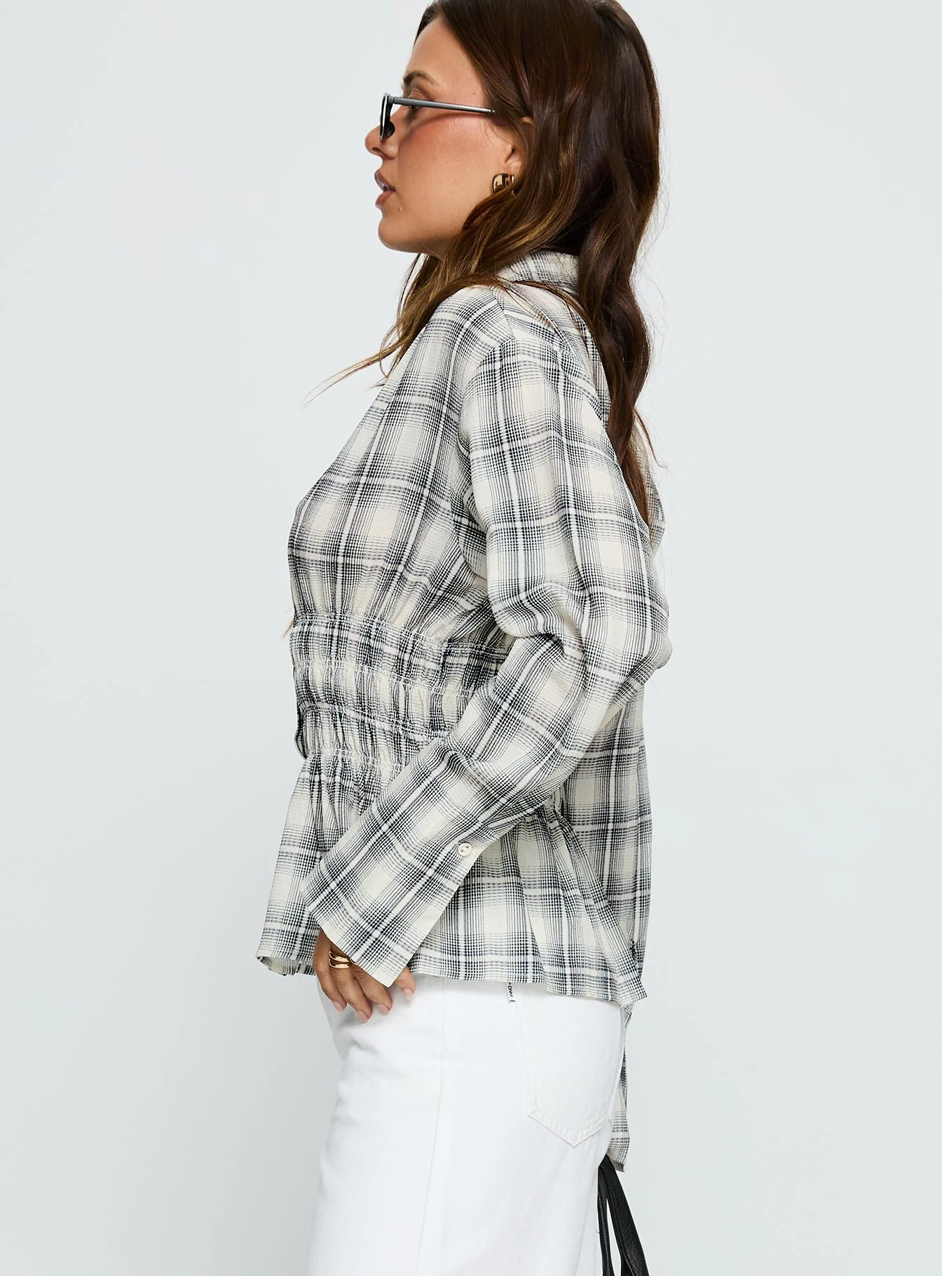 As You Are Shirred Button Up Top Black Check