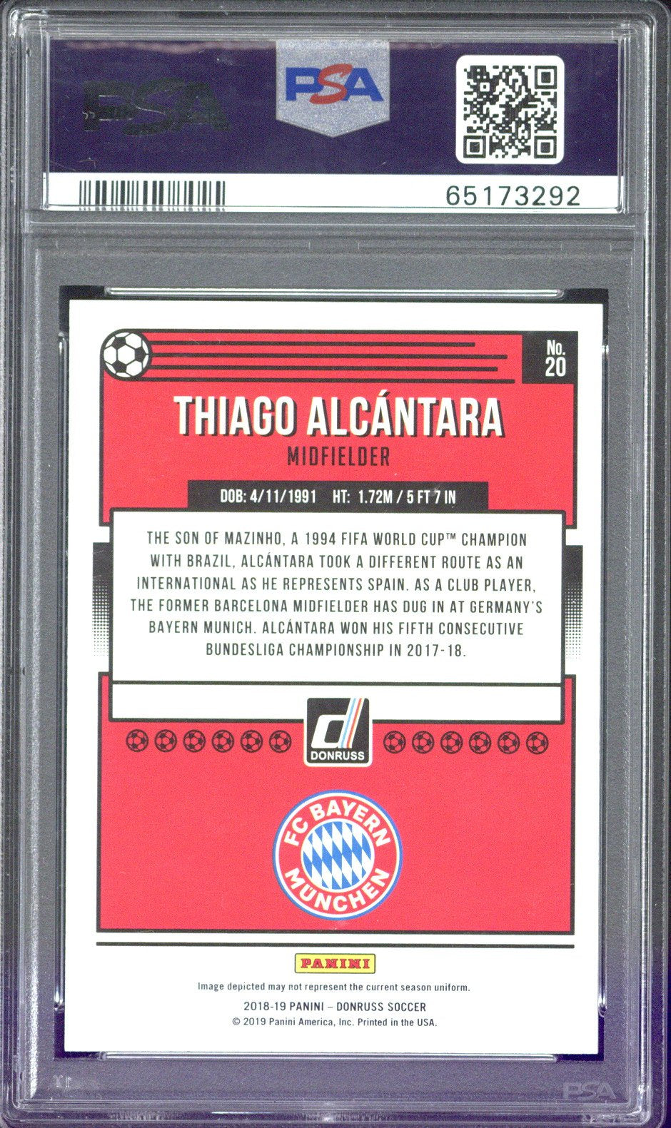 2018 Panini Donruss Thiago Alcantara Press Proof - Blue /5 #20 PSA 9