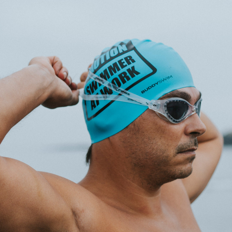 Buddyswim Silicone Swim Cap - CAUTION SWIMMER AT WORK - blue