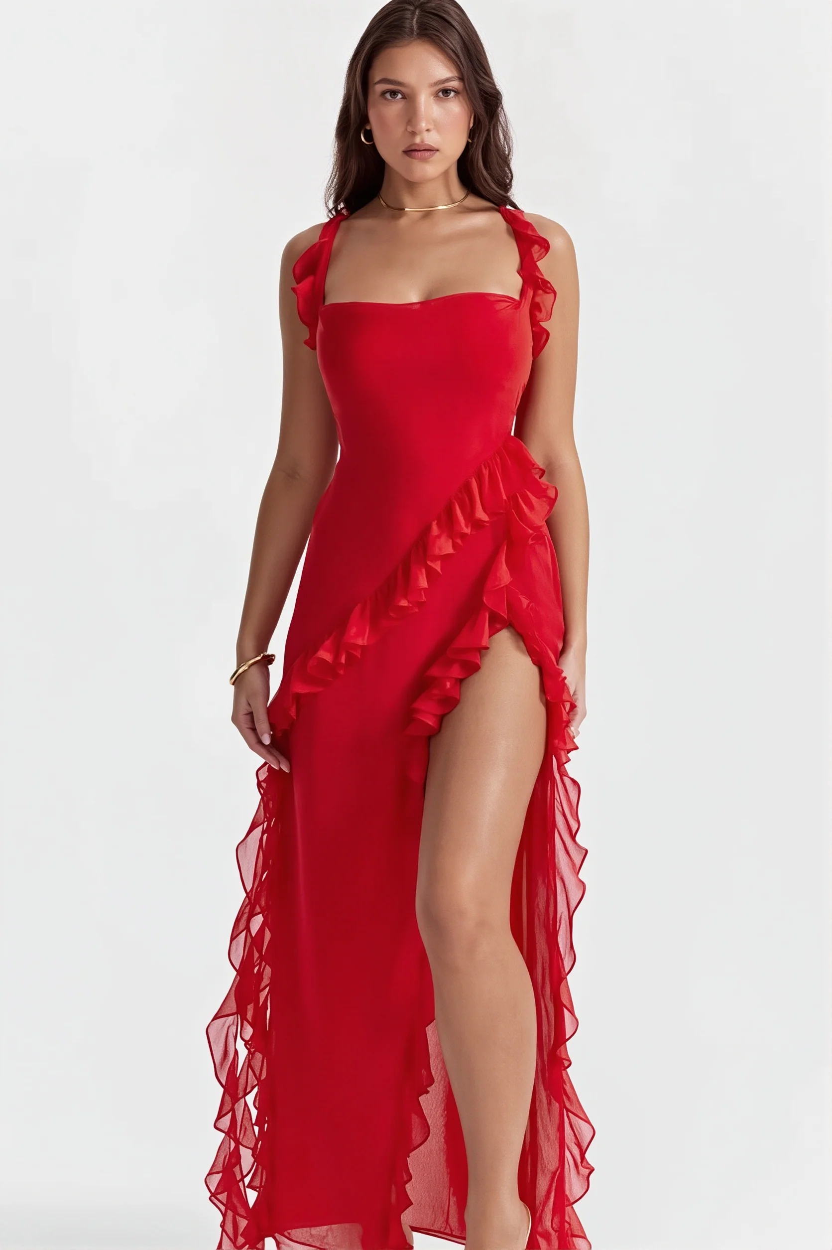 Ribbon Ruffle Splice Slit Maxi Dress