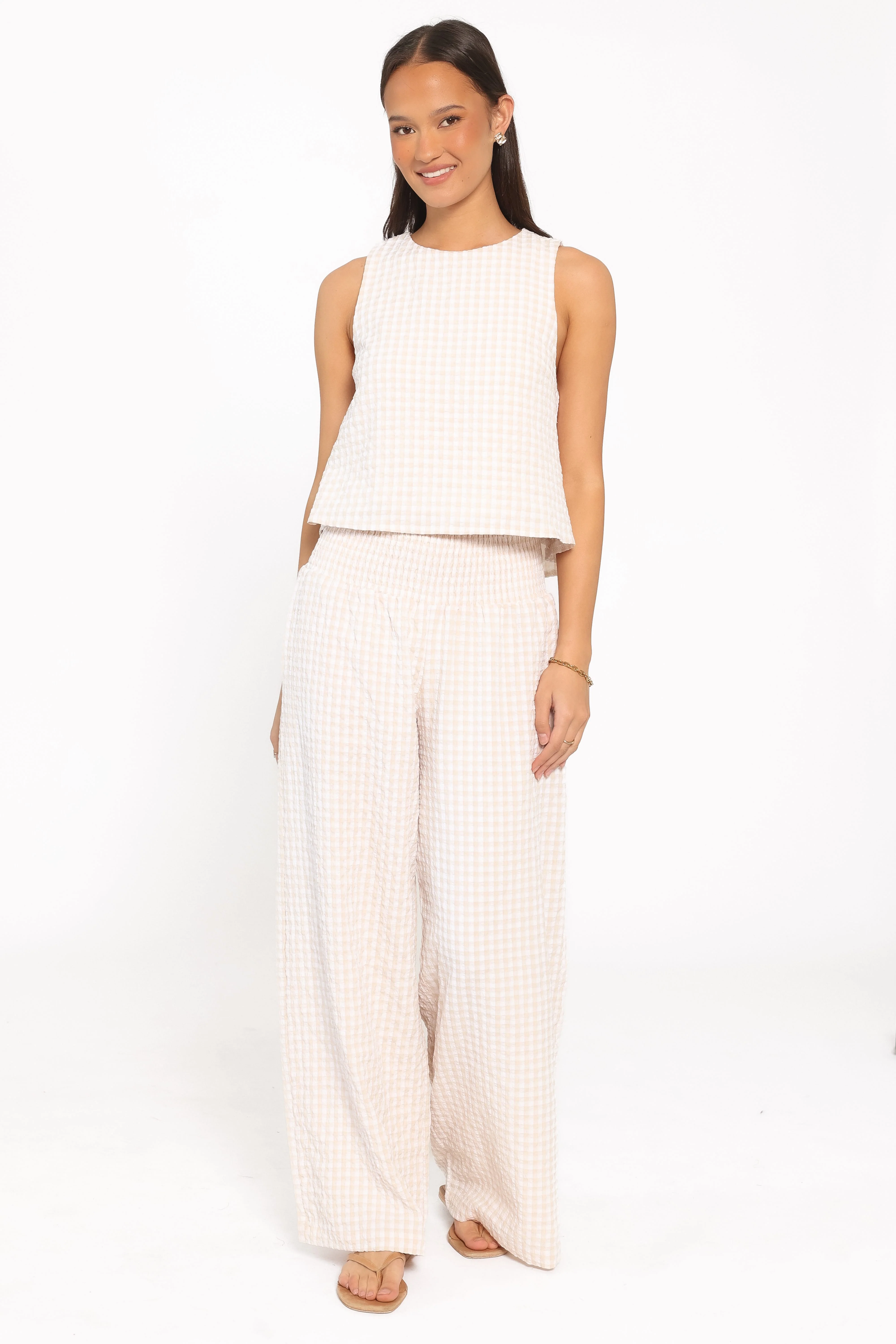 Jillian Smocked Pant Set - Beige Gingham