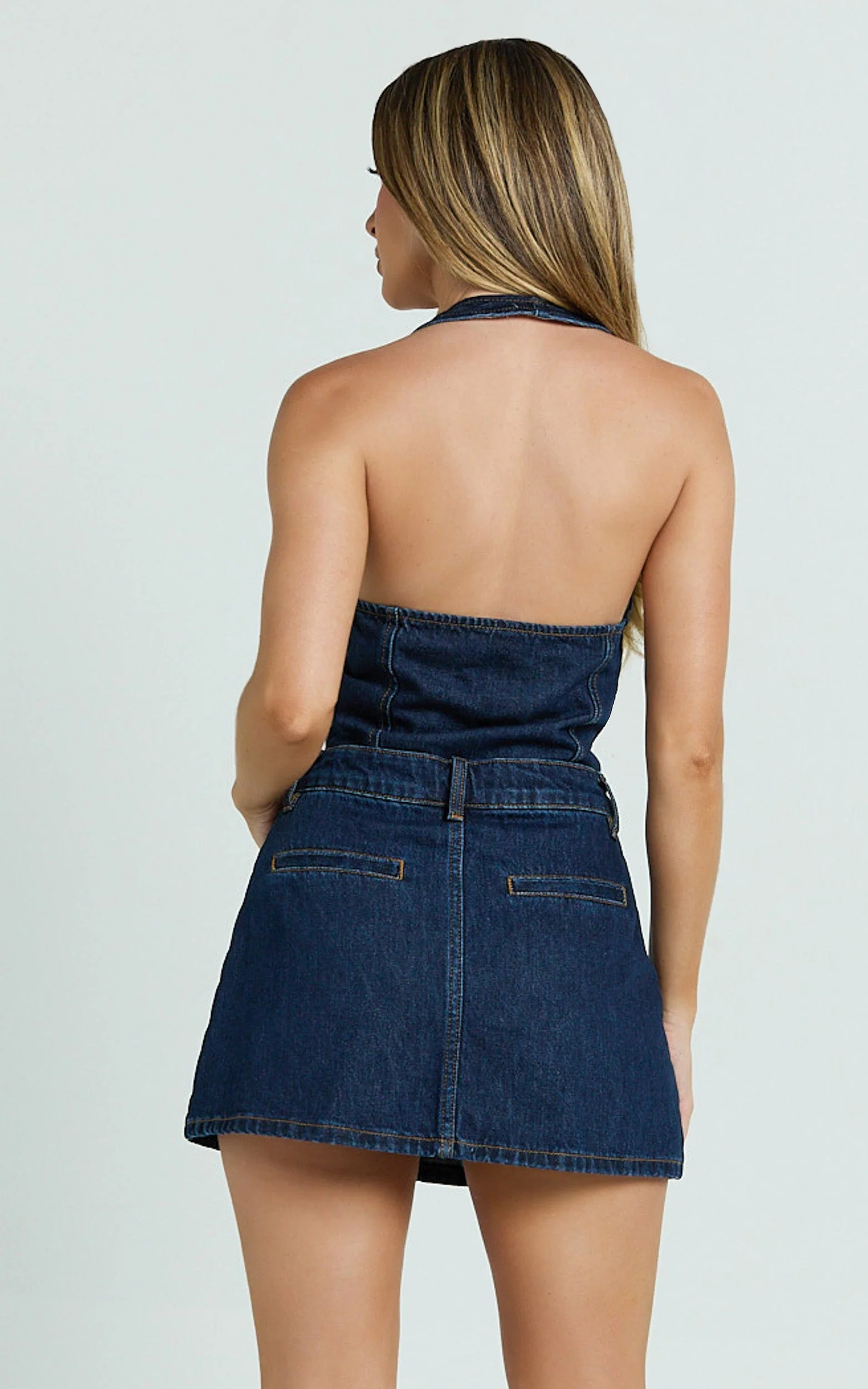 Walton Vest - Halter Neck Button Down Crop Recycled Denim Vest in Indigo Wash
