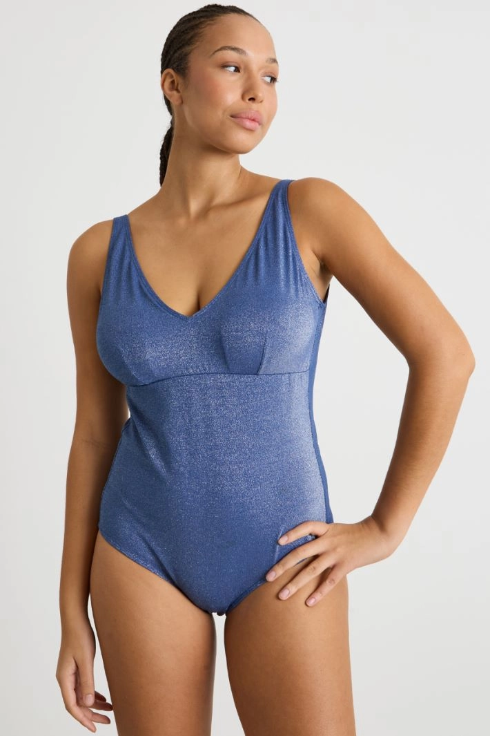 Laminated jersey swimsuit - BLUE