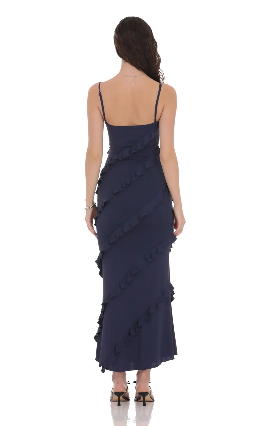 Ruffle V-Neck Maxi Dress in Navy