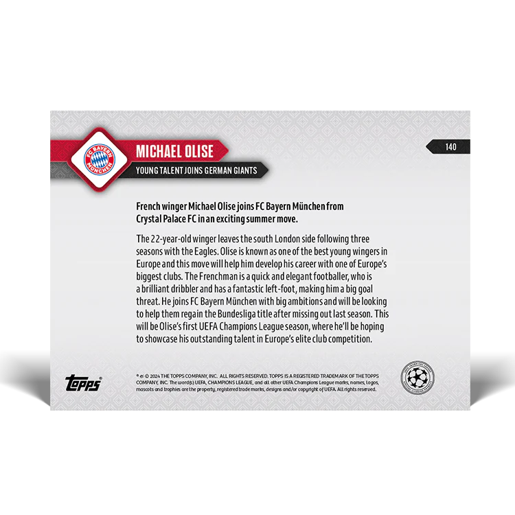 Michael Olise - Young talent joins German giants - 23/24 UCL TOPPS NOW® Card 140
