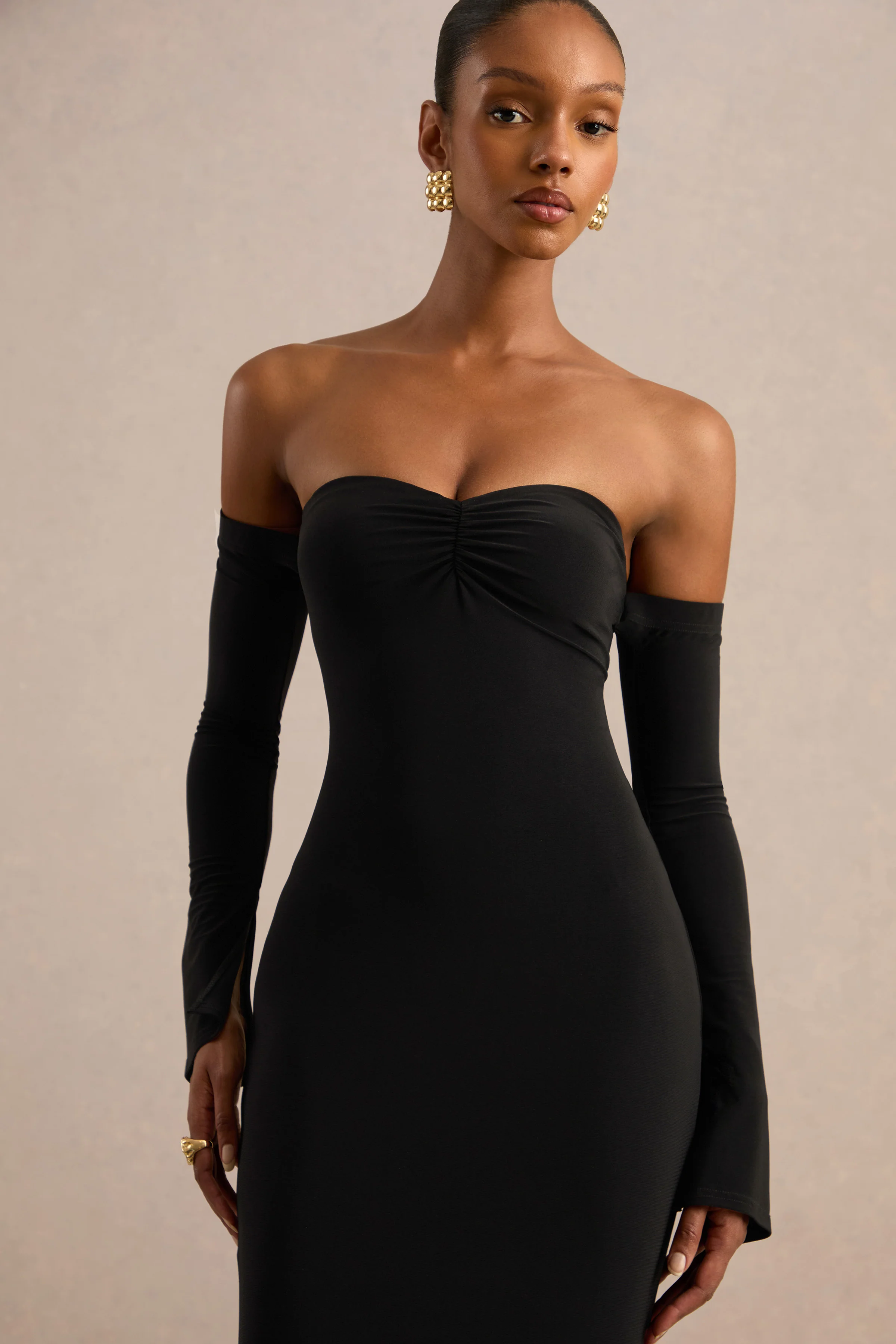Gaelline | Black Jersey Bardot Long Sleeve Maxi Dress