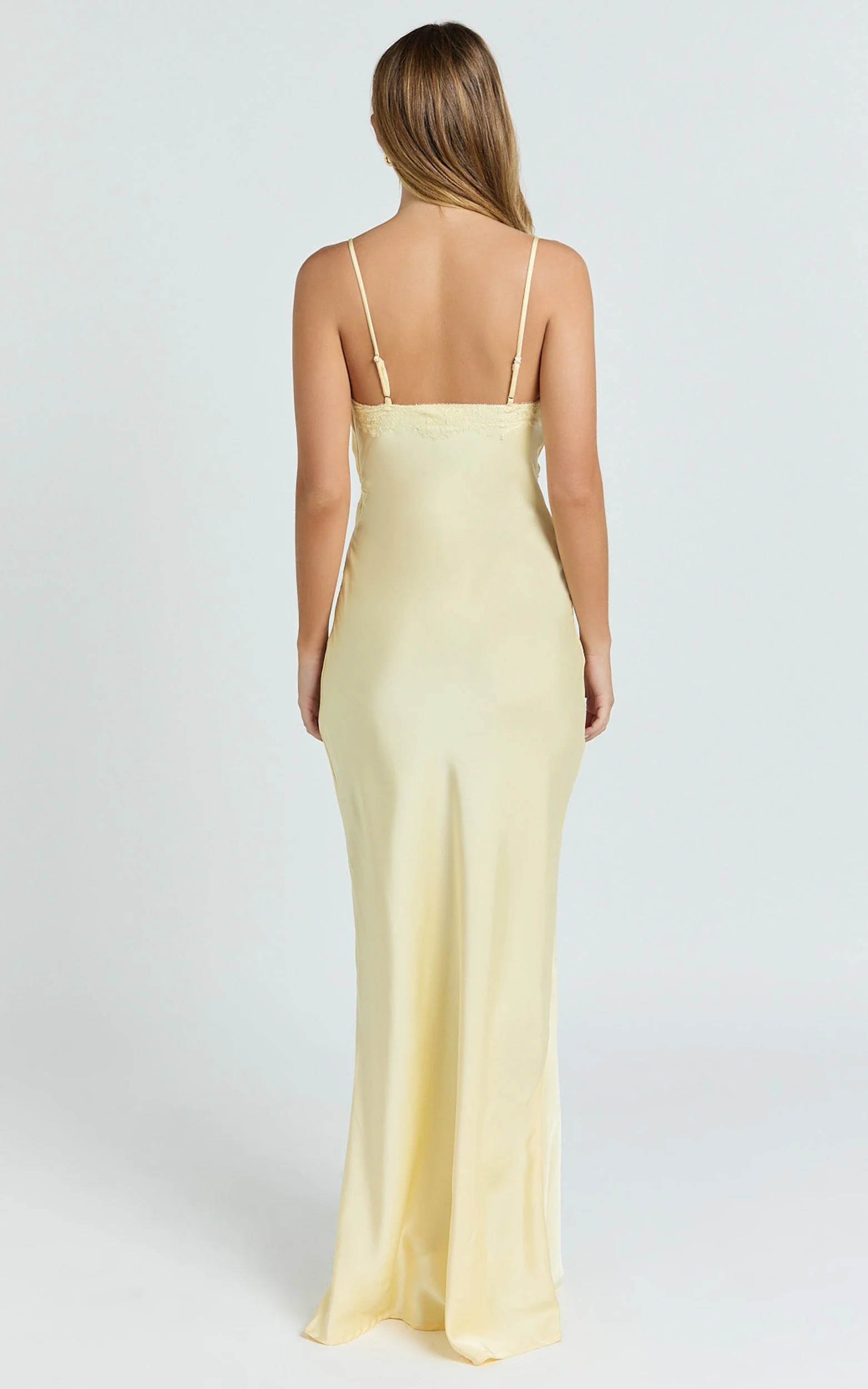 Liliane Maxi Dress - Lace Trim Bias Cut Dress in Lemon