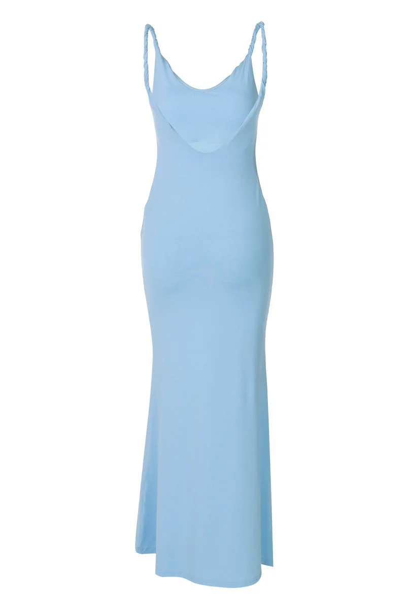 Blue Low Back Fitted Maxi Dress