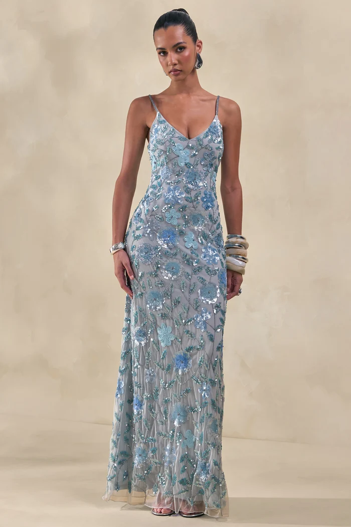 Gemini | Blue Embellished Strappy Maxi Dress