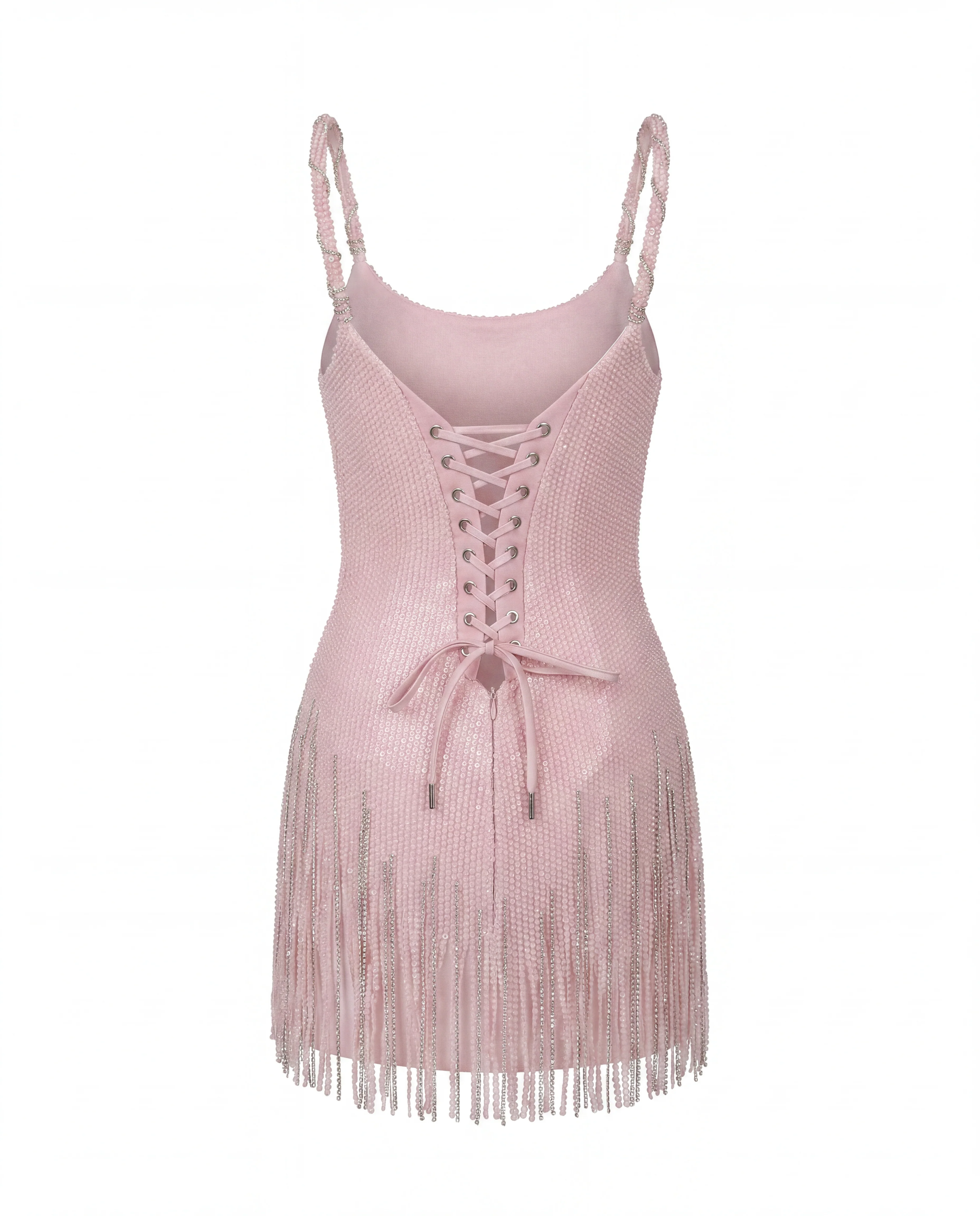 Pink Mini Dress with Fringe and Crystals