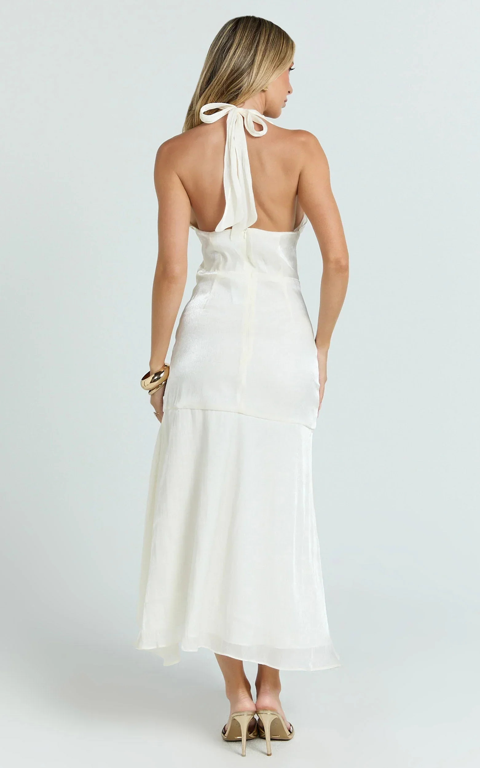 Carmela Midi Dress - Gather Bust and Shoulder Strap With Front Leg Split Dress in Off White