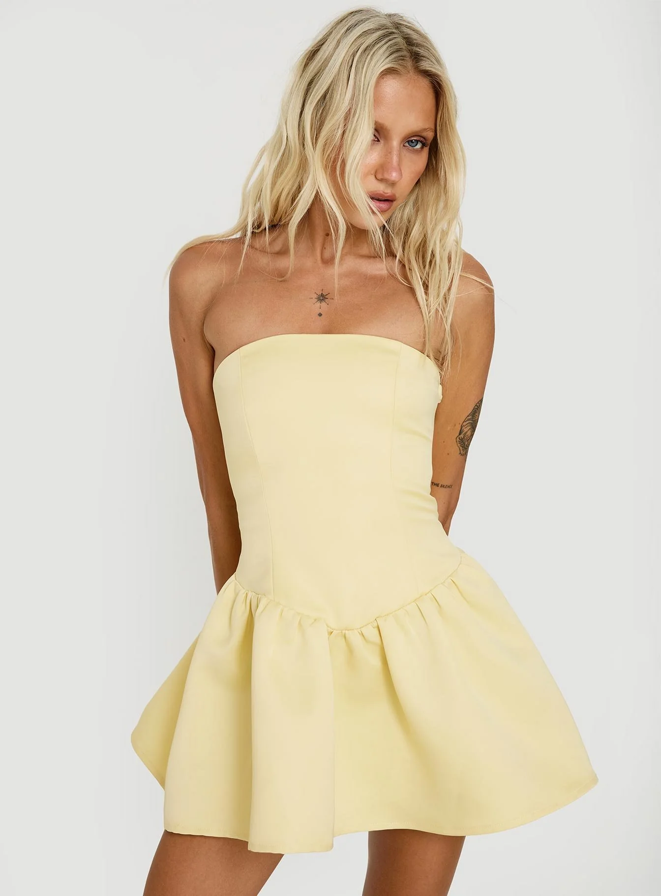 Soft Bloom Drop Waist Strapless Mini Dress Yellow