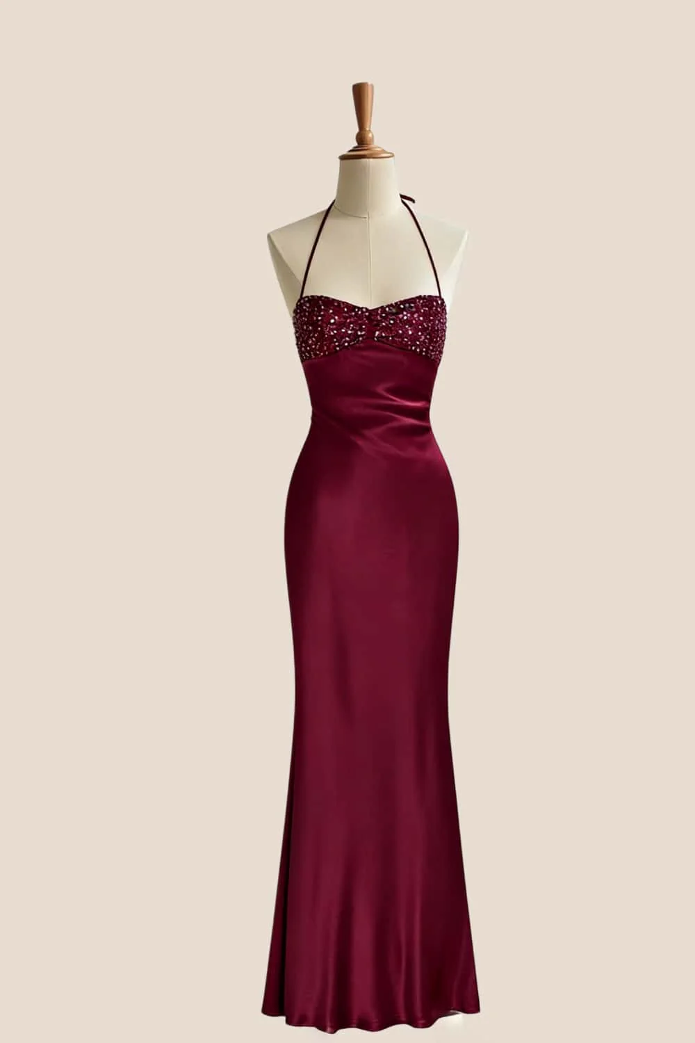 Halter Grape Satin Fitted Long Formal Dress