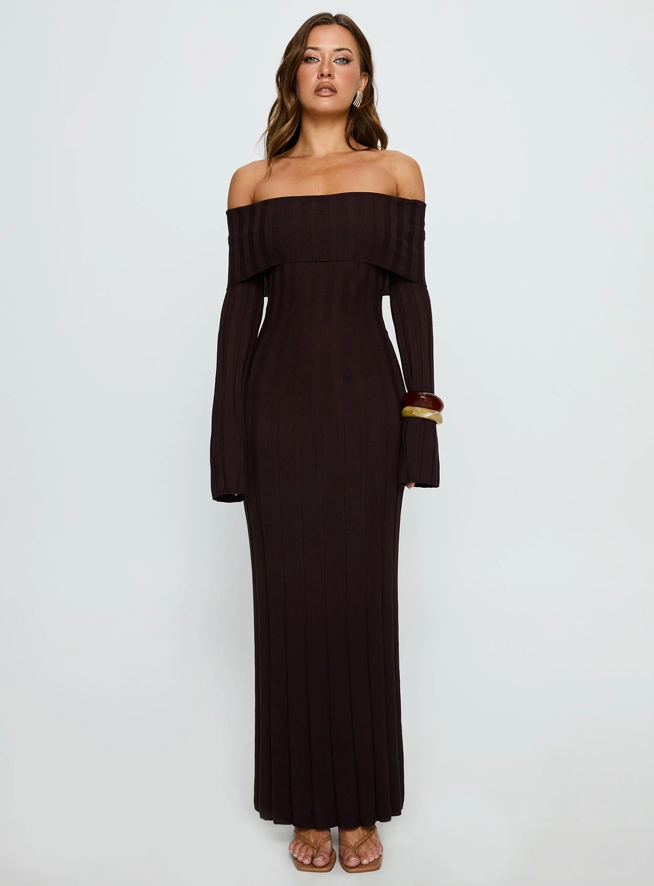 Ellouisa Long Sleeve Rib Maxi Dress Chocolate