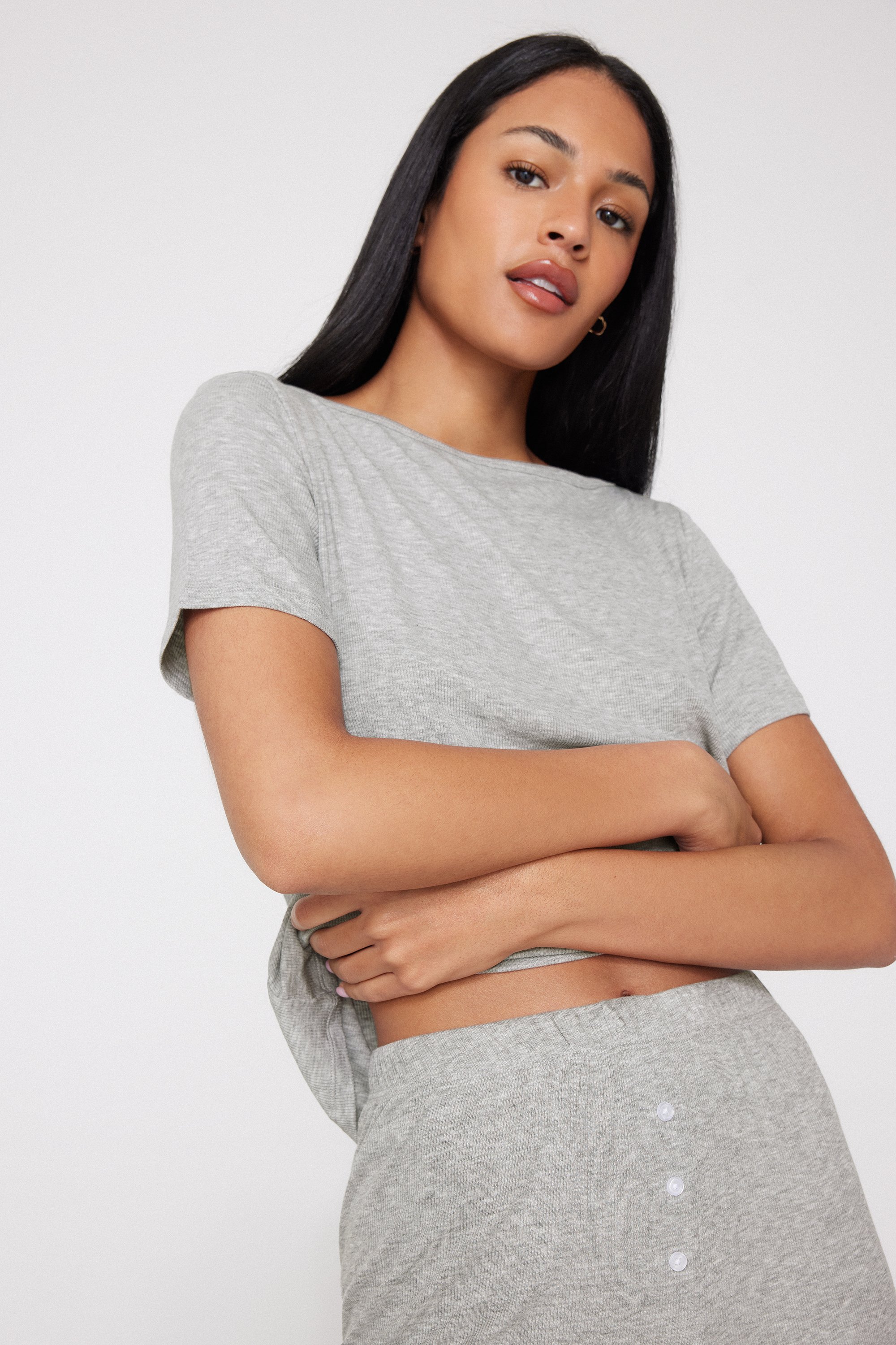 Short Ribbed Viscose Pyjamas with Boat Neck