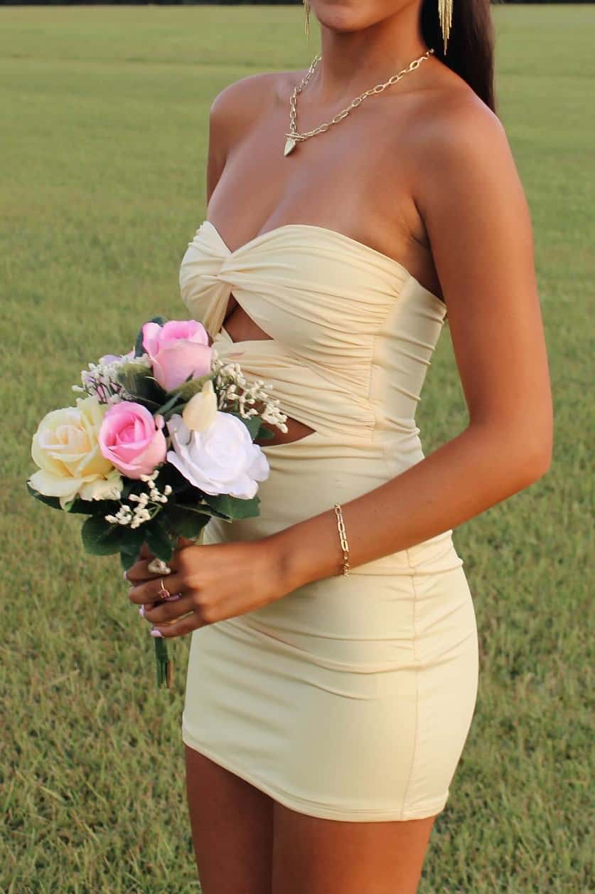 Strapless Yellow Twists Tight Mini Dress