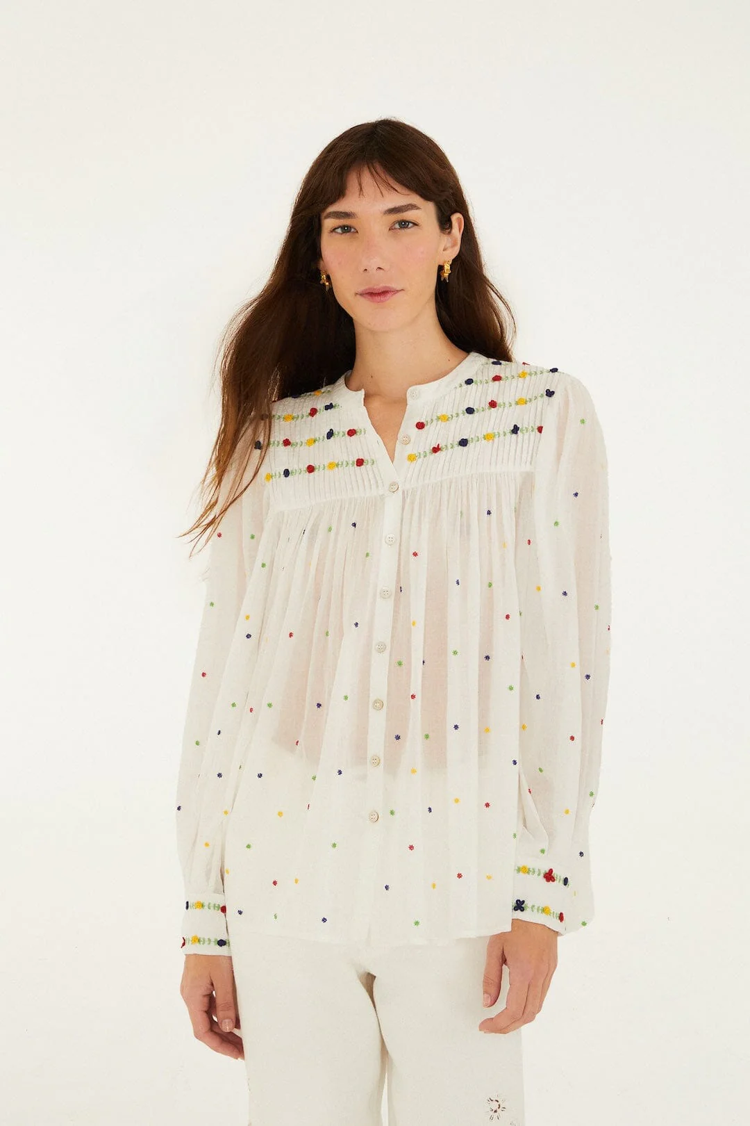 Off-White Embroidered Beads  Long Sleeve Blouse