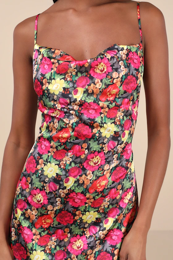 Black Multi Dress - Floral Satin Dress - Cowl Neck Midi Dress