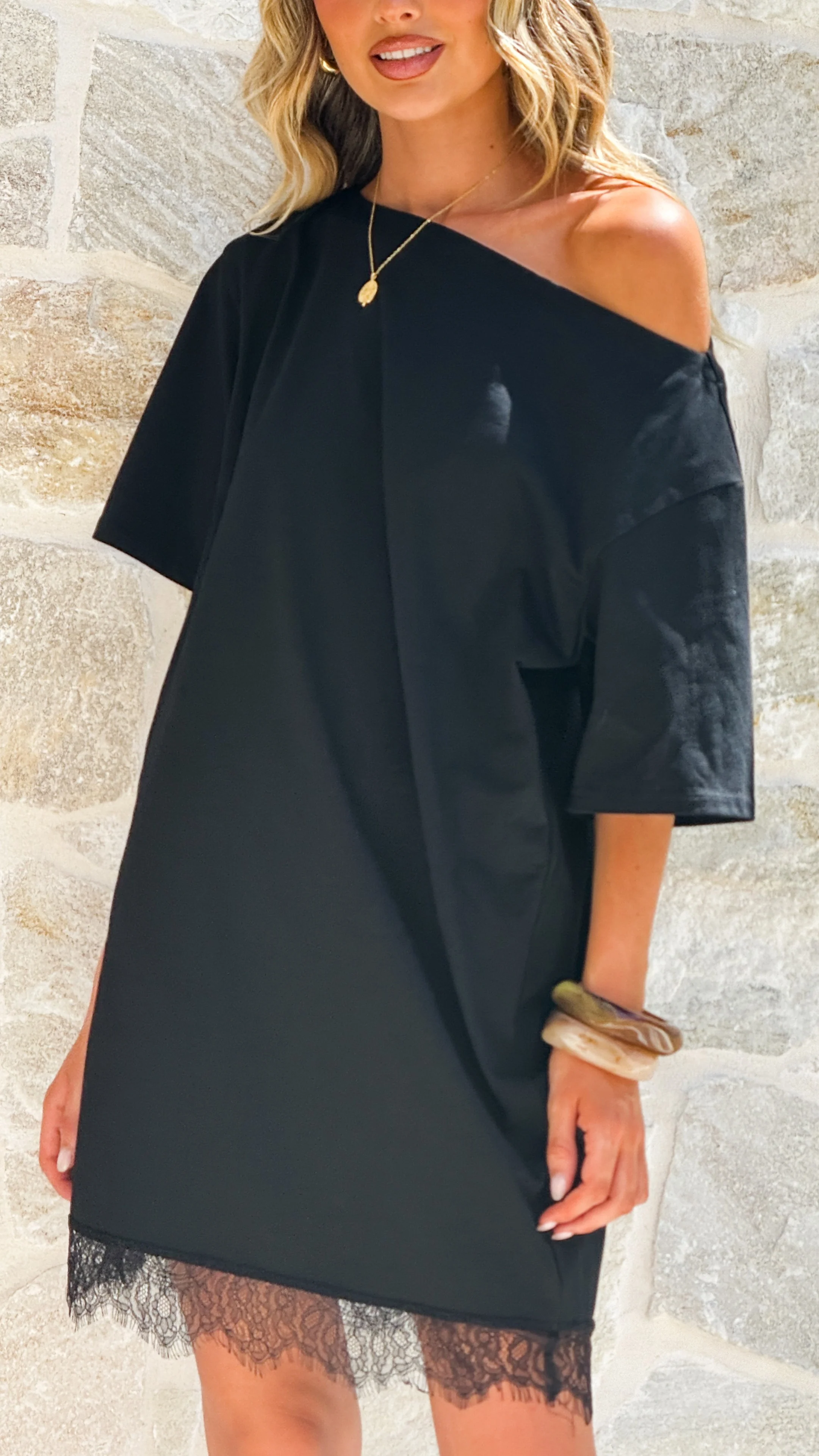 Kailen T-Shirt Lace Mini Dress - Black