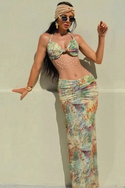 Vacation Halter Open Back Slinky Maxi Dress