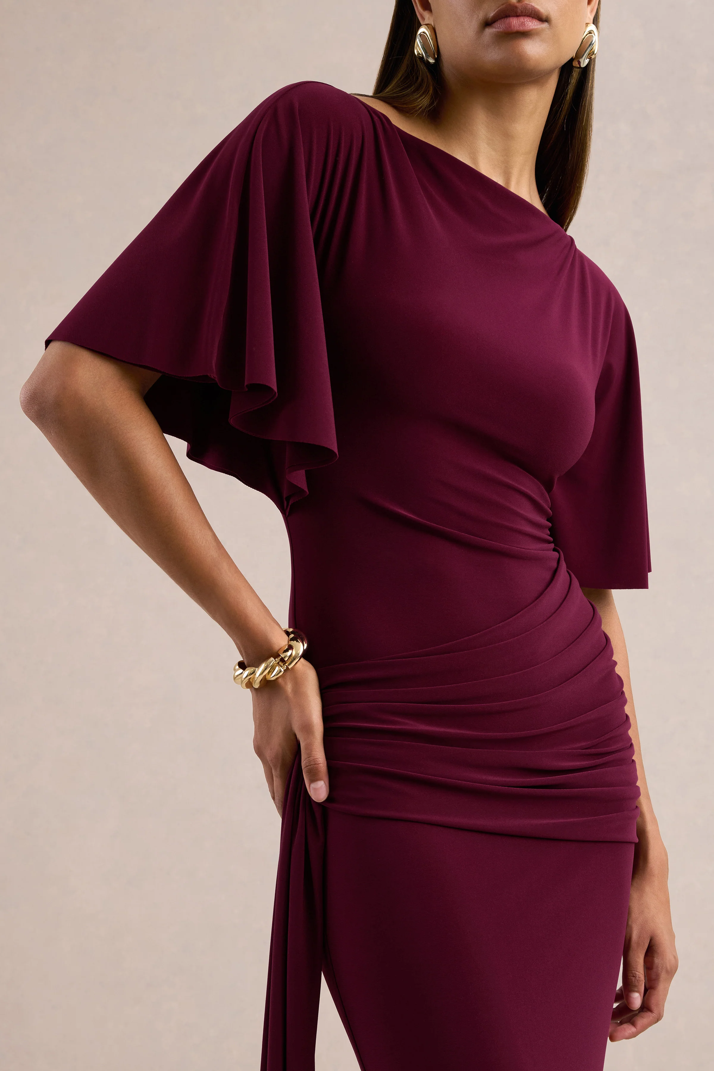Emerelle | Burgundy Jersey Ruched Boat Neck Short Sleeve Maxi Dress With Sash And Split