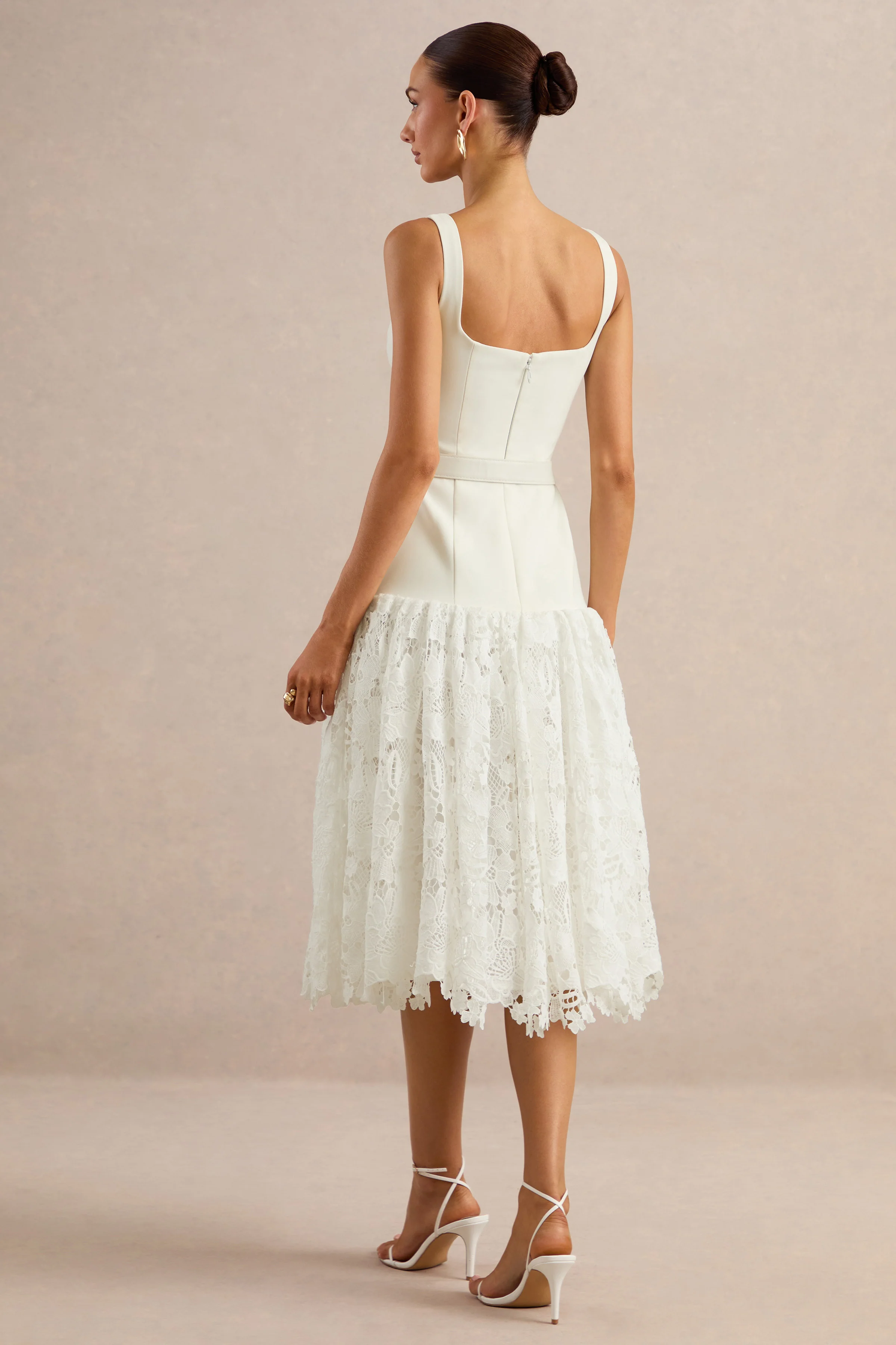 Norrie | White Lace Square-Neck Midi Dress With Voluminous Lace Skirt