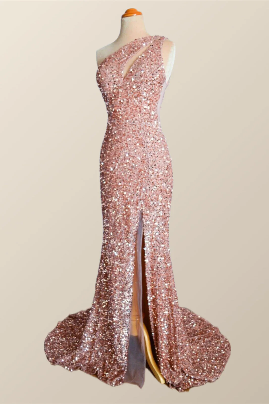One Shoulder Rose Gold Sequin Mermaid Long Party Dress