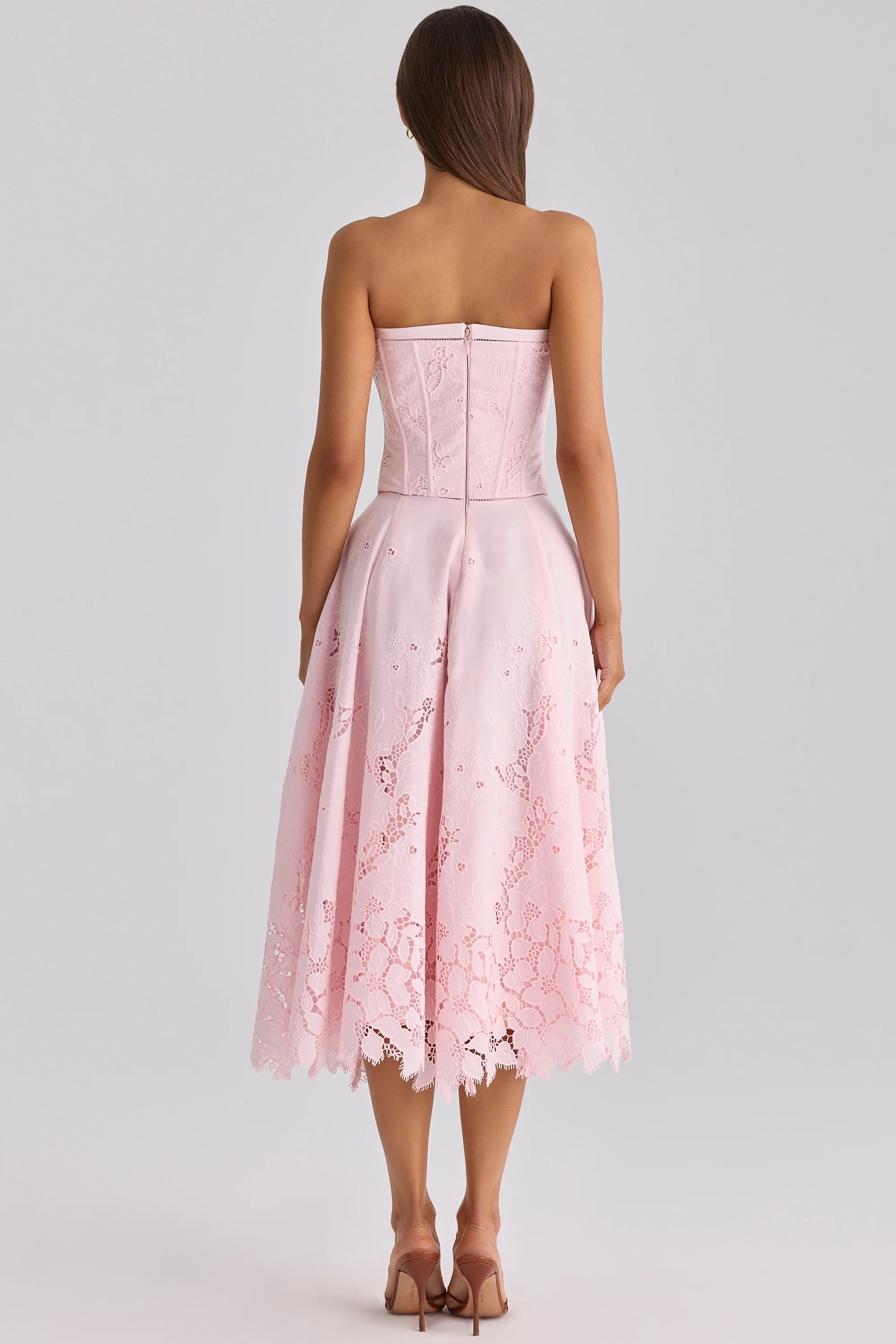 Belissa Pink Strapless Custom Lace + Broderie Anglaise Midi Dress