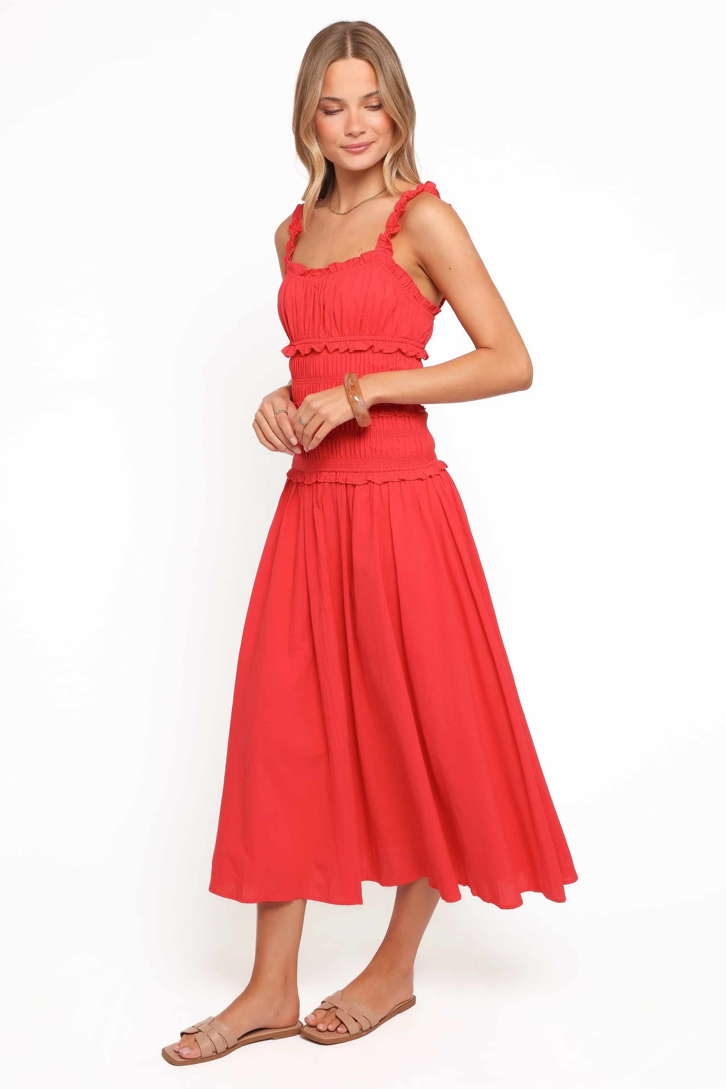 Enola Gather Midi Dress - Red