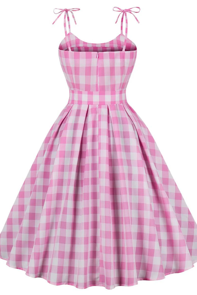 Bow Straps Pink Plaid Gingham Swing Dress