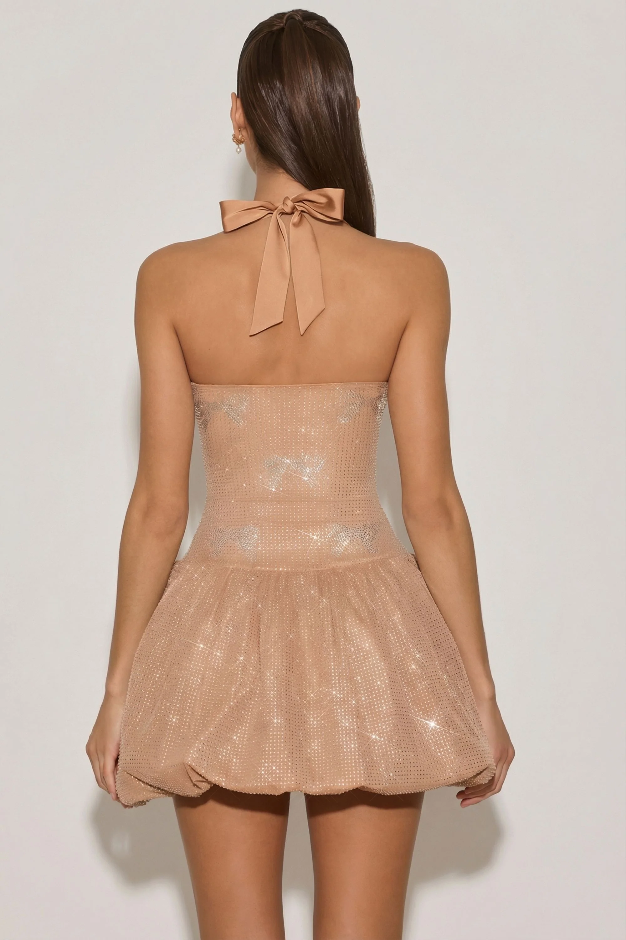 Embellished Halterneck Bubble Hem Mini Dress in Almond