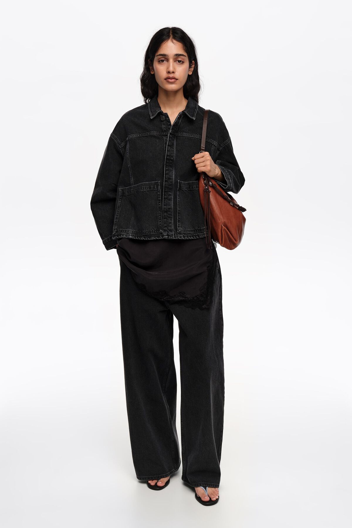 A-line washed denim jacket