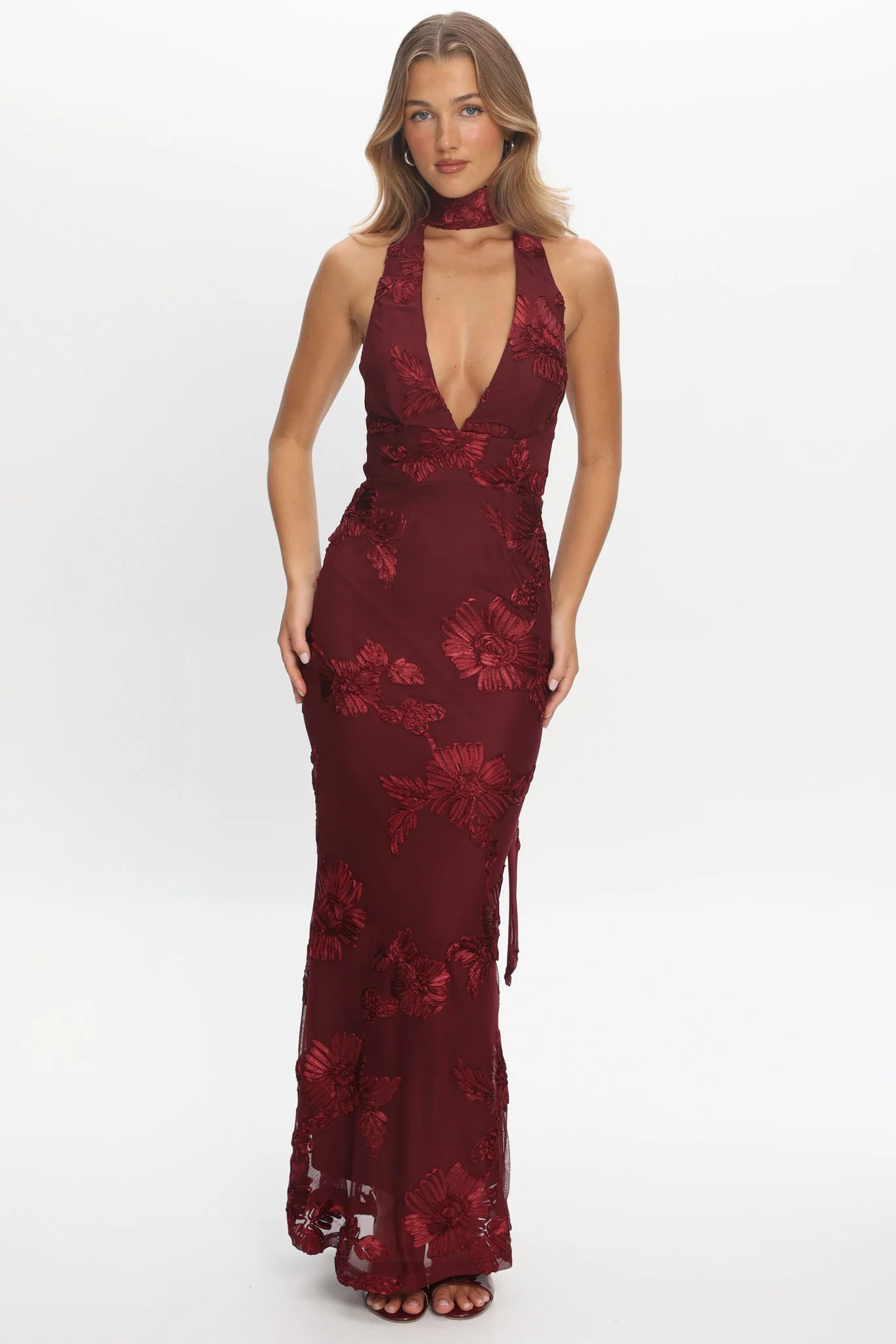 Cipriana Backless Halter Maxi Dress Embellished Wine