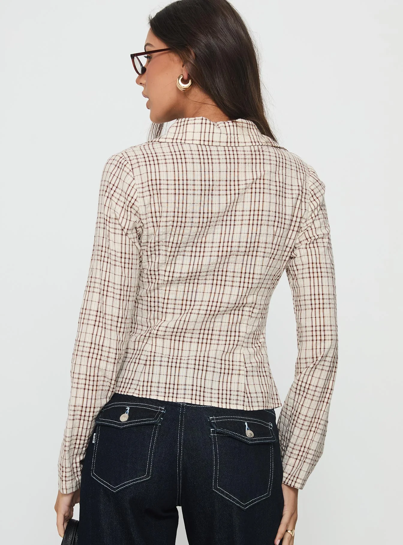 Cottesloe Long Sleeve Blouse Top Brown Check