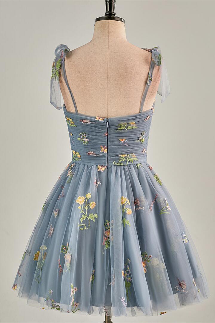 Blue Floral A-line Short Party Dess