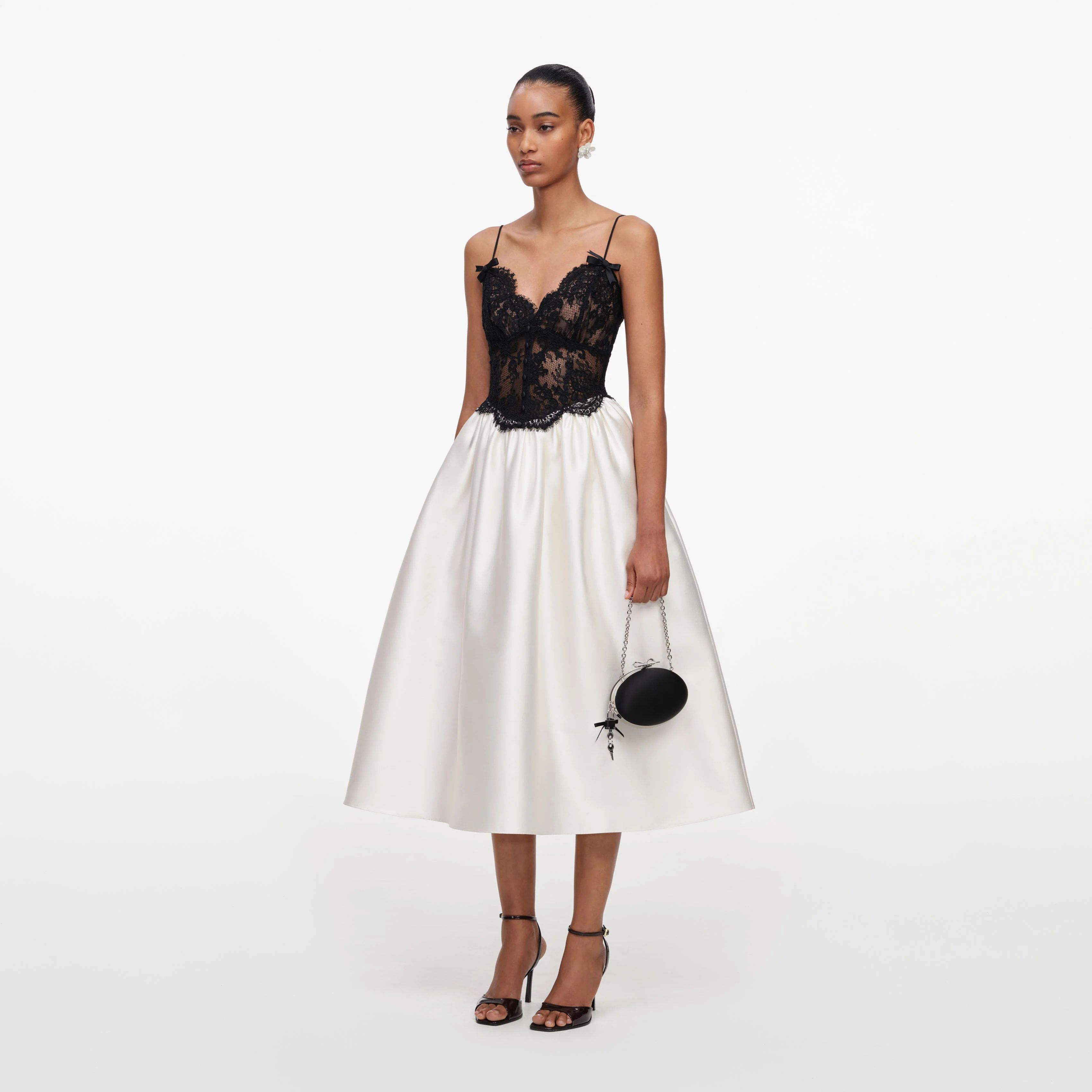 Cream Taffeta Contrast Lace Midi Dress