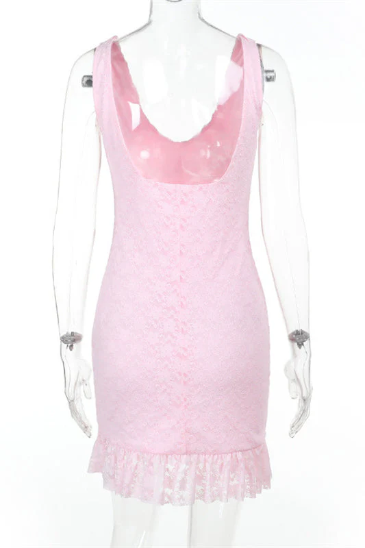 Plunge Neck Pink Ruffled Hem Lace Short Dress