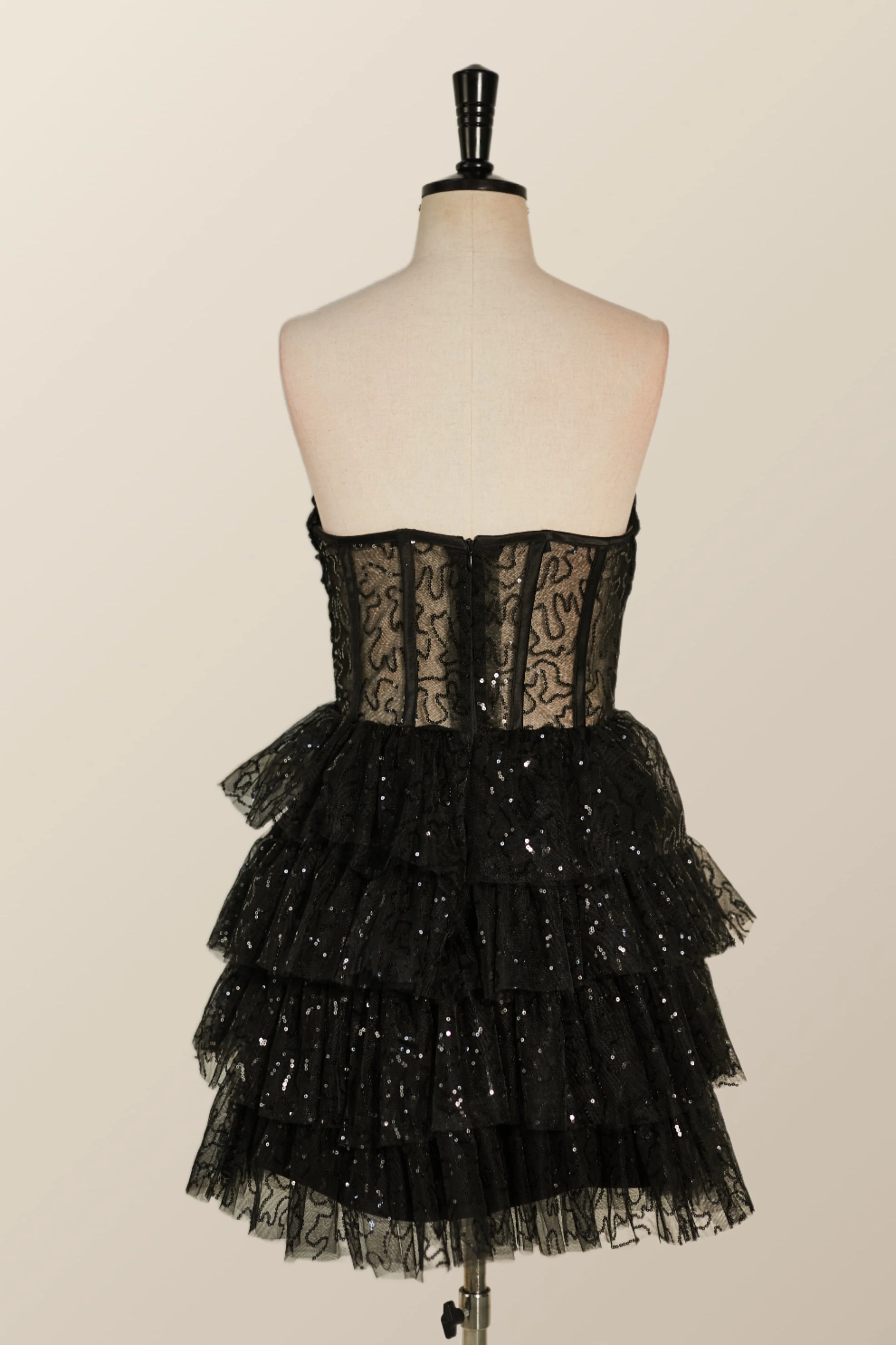 Strapless Black Illusion Ruffles A-line Short Dress